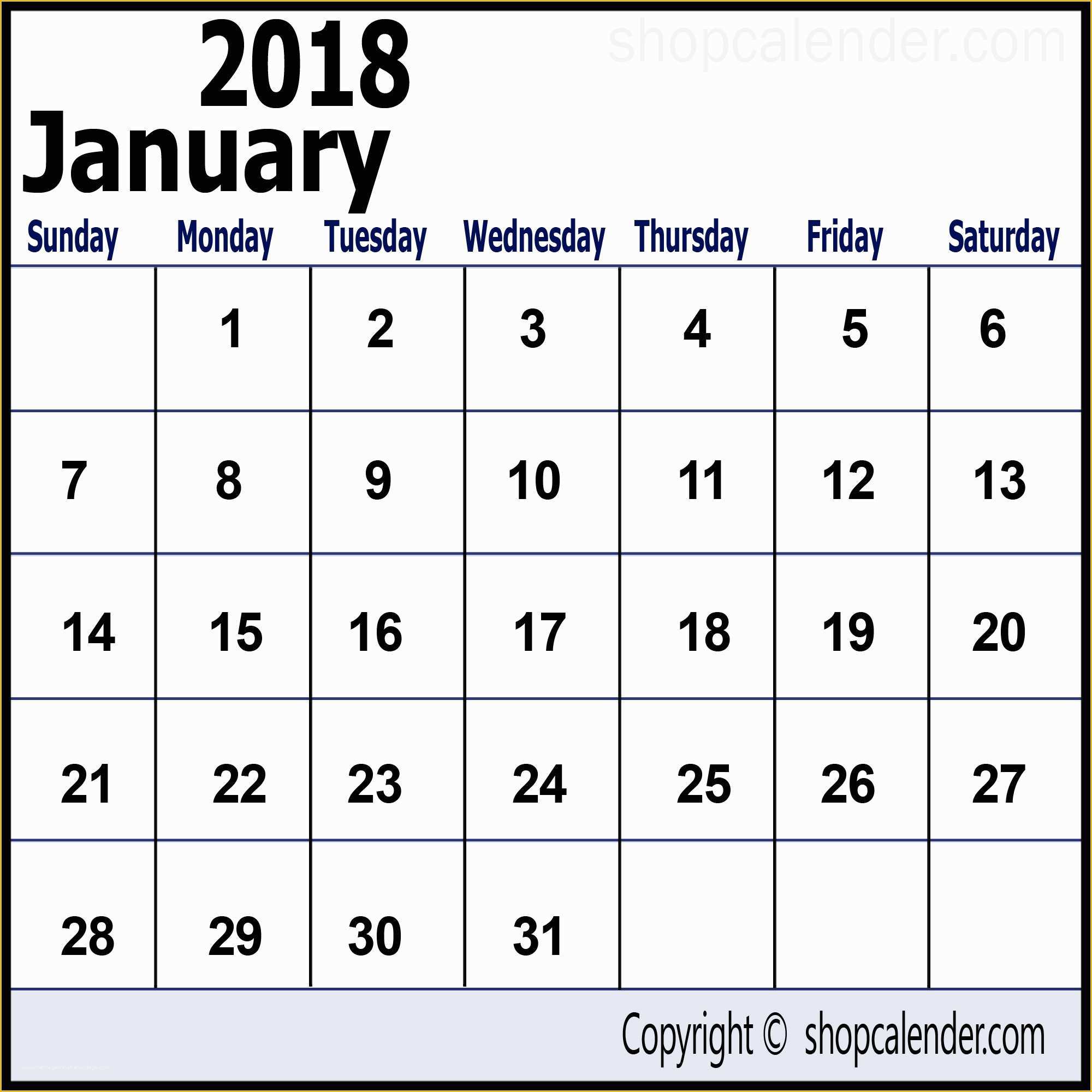 2018 Free Calendar Template Of January Calendar 2018 Template for Free – Blank & Free