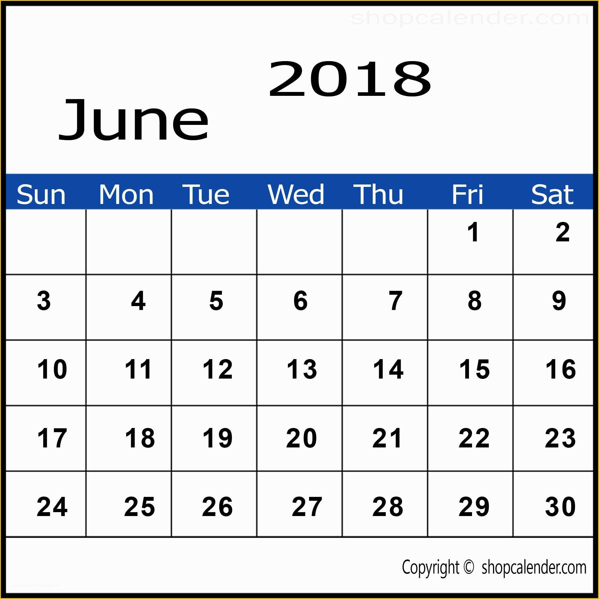 2018 Free Calendar Template Of June 2018 Calendar Template In Pdf Word Excel – Blank