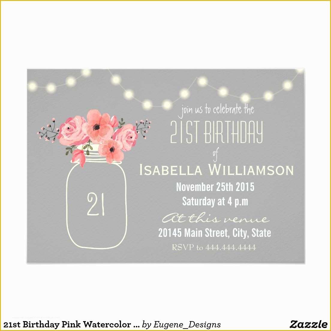 21st Birthday Card Templates Free Of 21st Birthday Pink Watercolor Flowers & Mason Jar Card