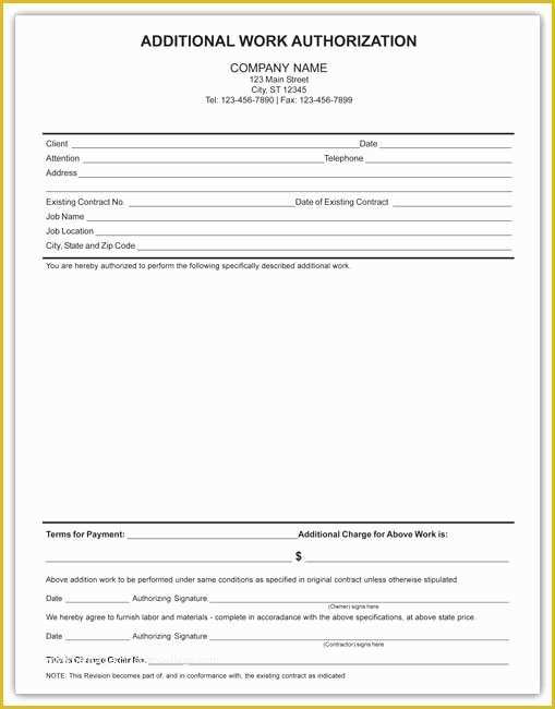 Additional Work order Template Free Of Additional Work Authorization form
