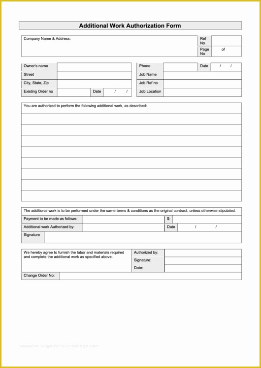 Additional Work order Template Free Of Additional Work Authorization form Printable Pdf