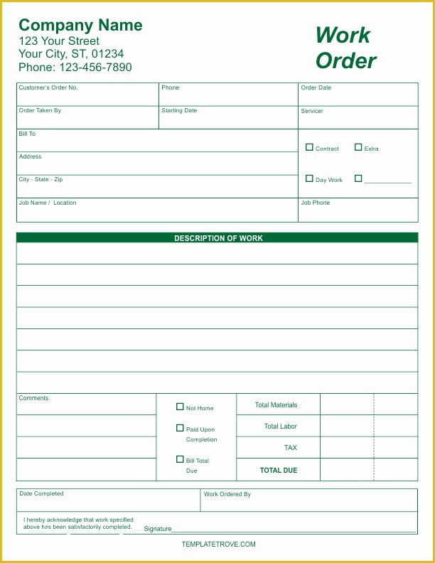 Work Order Template Word Free