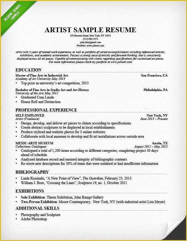 Artist Cv Templates Free Of Artist Resume Sample & Writing Guide