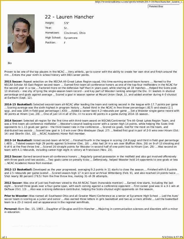 Athlete Profile Template Free Of Biography Sample 1 Student athlete Profile