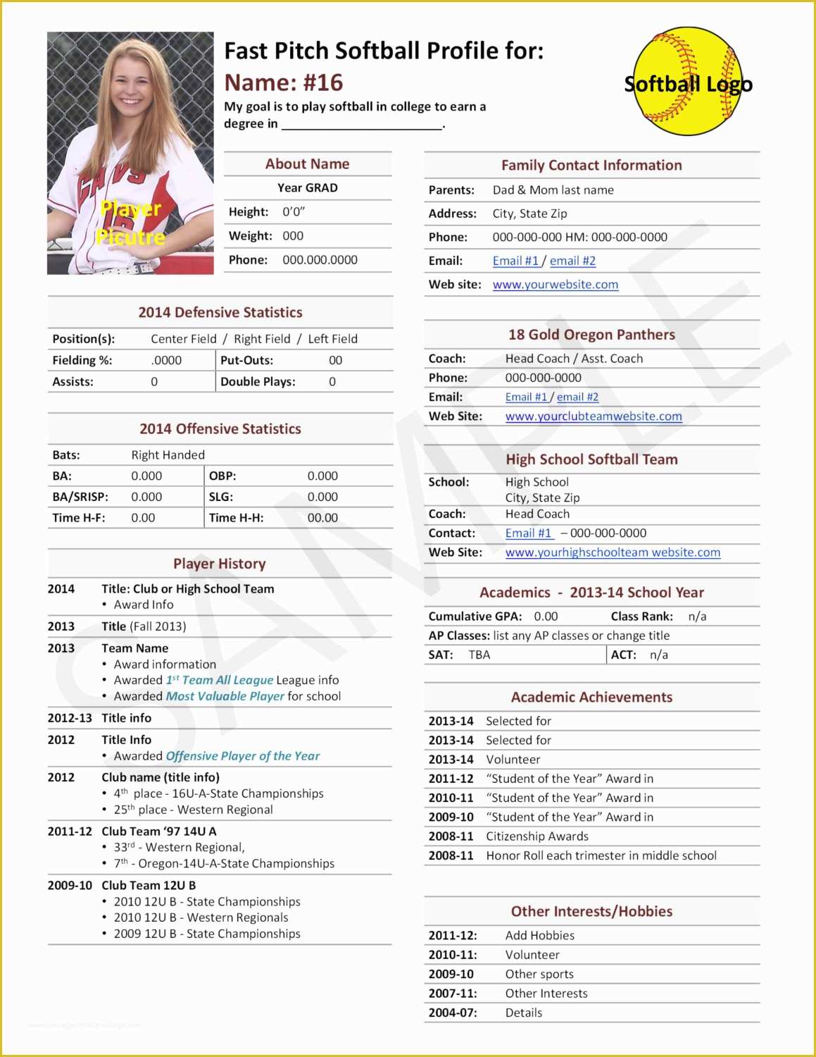 Athlete Profile Template Free Of Fast Pitch softball Player Profile Template Used for College