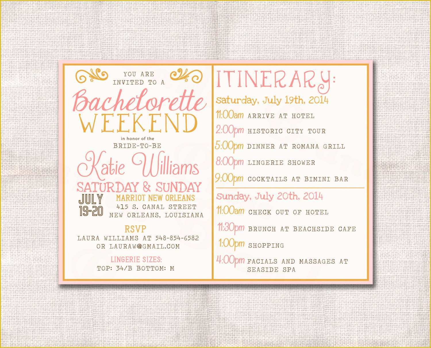 Bachelorette Itinerary Template Free Of Bachelorette Party Weekend Invitation and Itinerary Custom