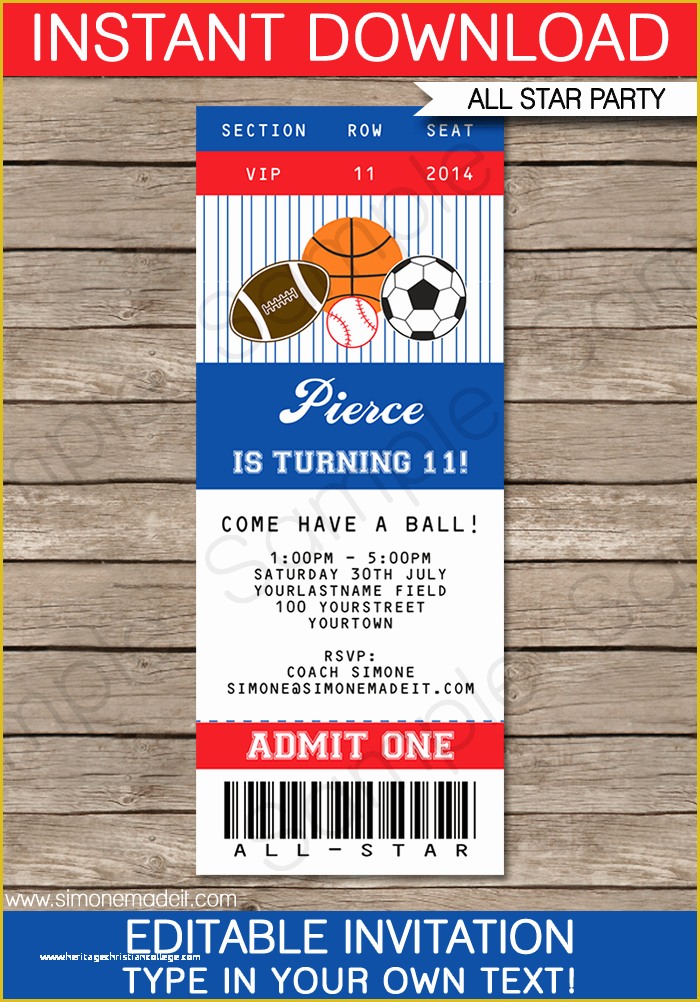 Baseball Birthday Invitation Templates Free Of All Star Sports Ticket Invitations