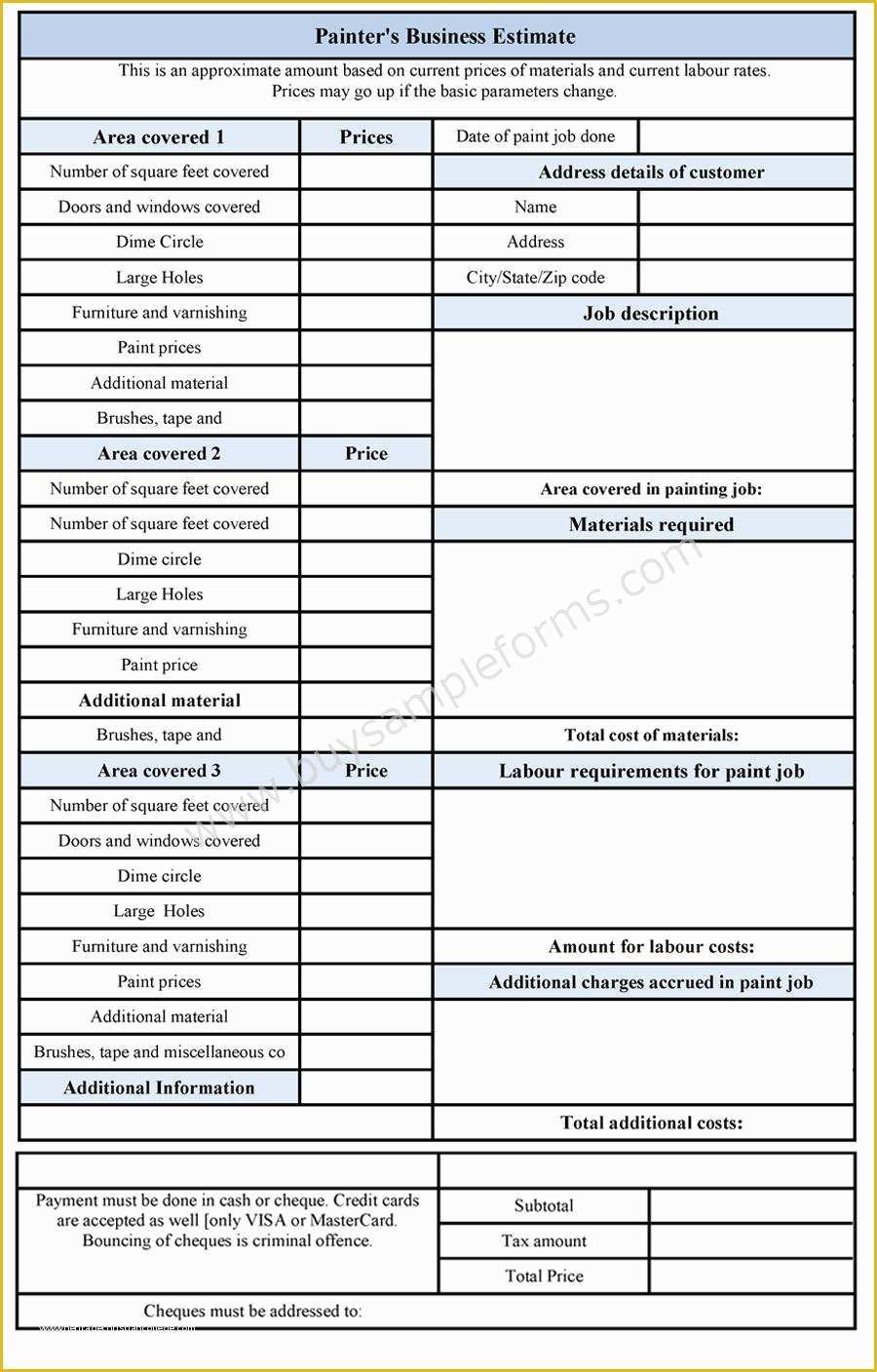 Business forms Templates Free Of Painters Business Estimate form