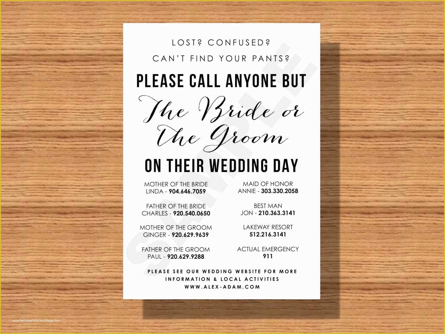 Call Anyone but the Bride Free Template Of Wedding Day Contact Sheet Please Call Anyone but the Bride or