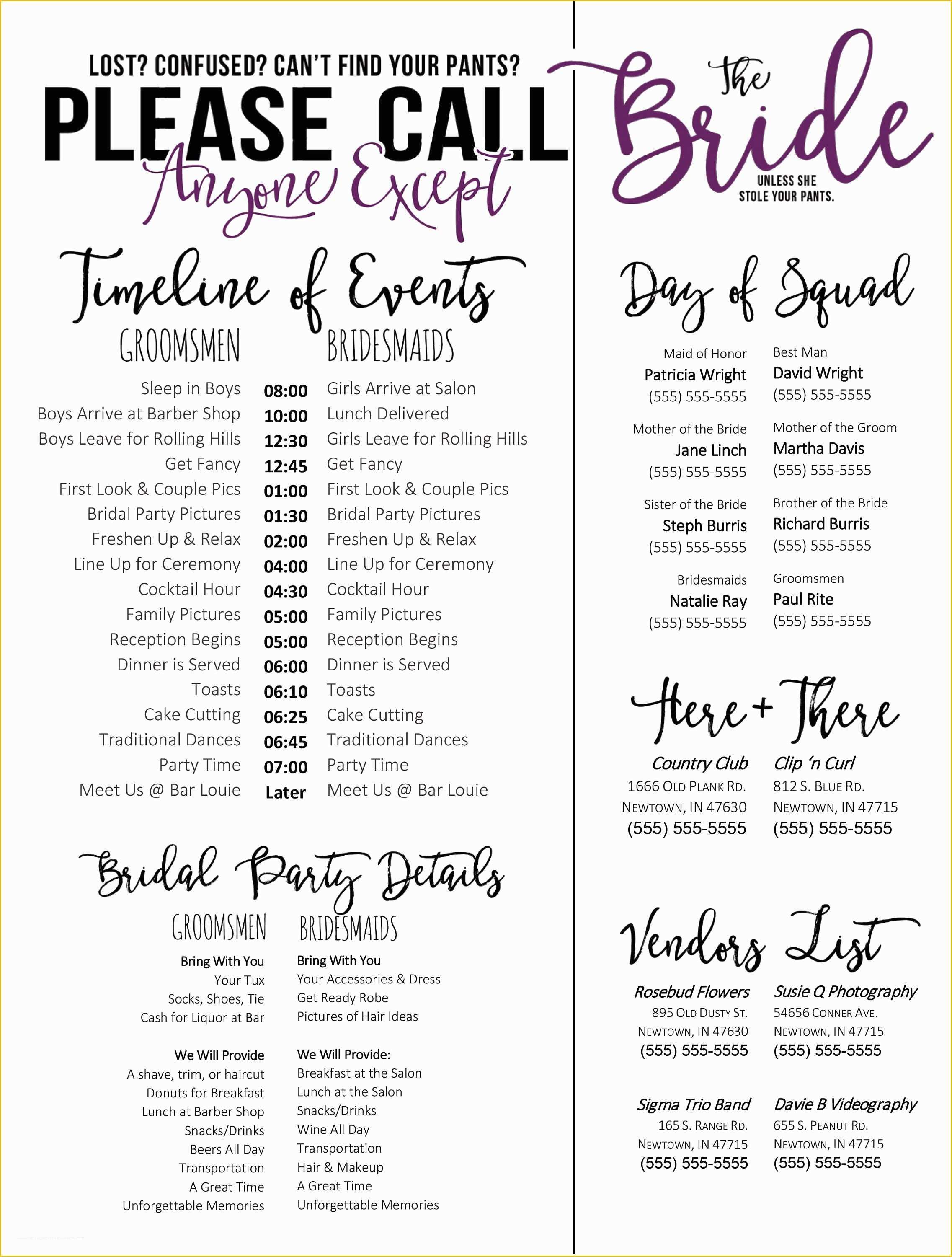 Call Anyone but the Bride Free Template Of Wedding Schedule Template Purple Timeline Of events