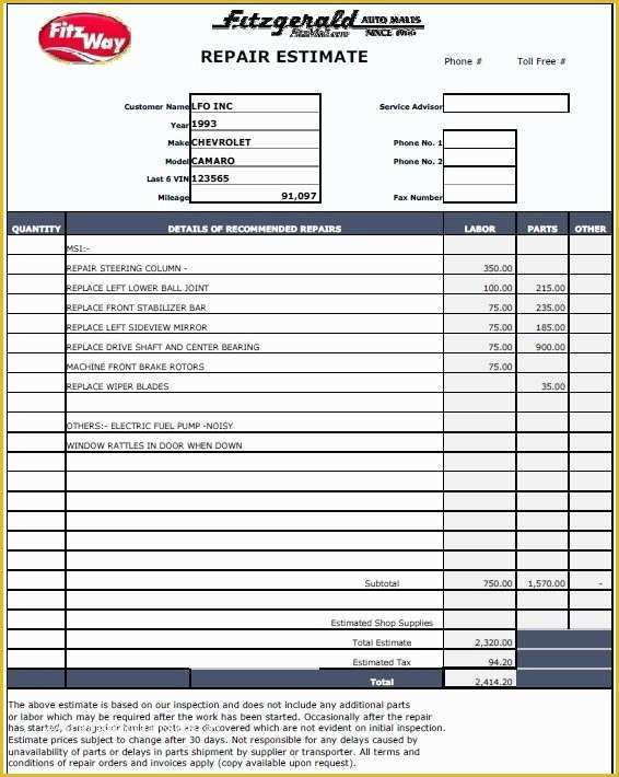 Car Repair Estimate Template Free Of 13 Free Sample Auto Repair Estimate Templates Printable