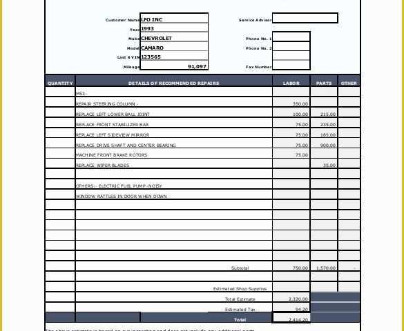 Car Repair Estimate Template Free Of 20 Repair Estimate Templates Word Excel Pdf