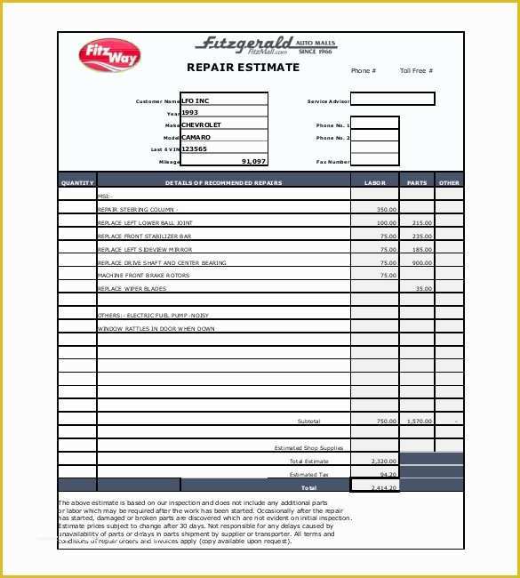 Car Repair Estimate Template Free Of 20 Repair Estimate Templates Word Excel Pdf