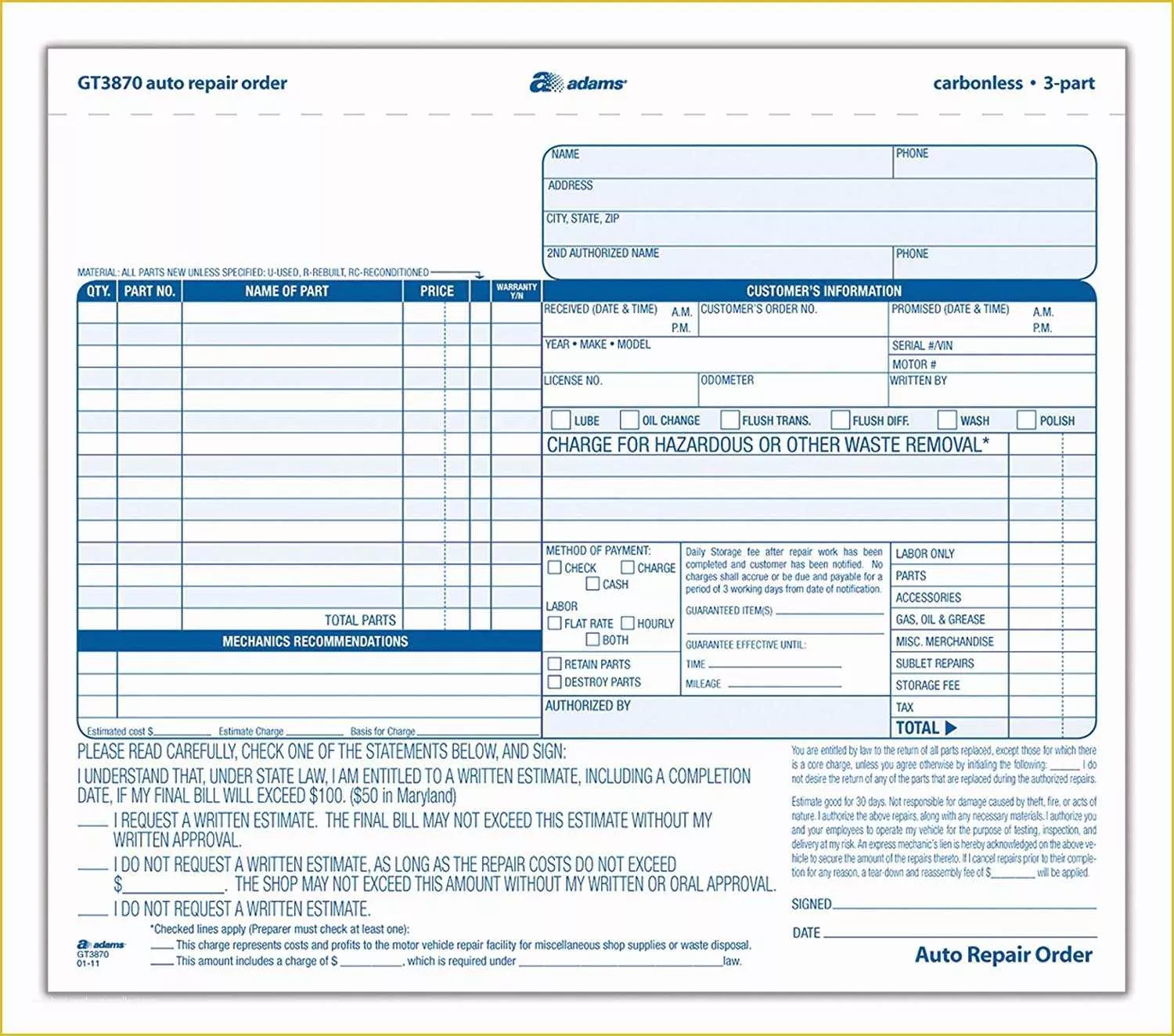 Car Repair Estimate Template Free Of Adams Auto Repair order forms 8 5 X 7 44 Inch 3 Part