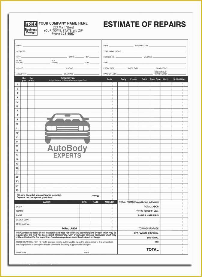 Car Repair Estimate Template Free Of Auto Repair form & Invoice Samples