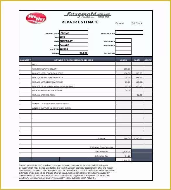 Car Repair Estimate Template Free Of Auto Body Estimate Template Free Download Printable