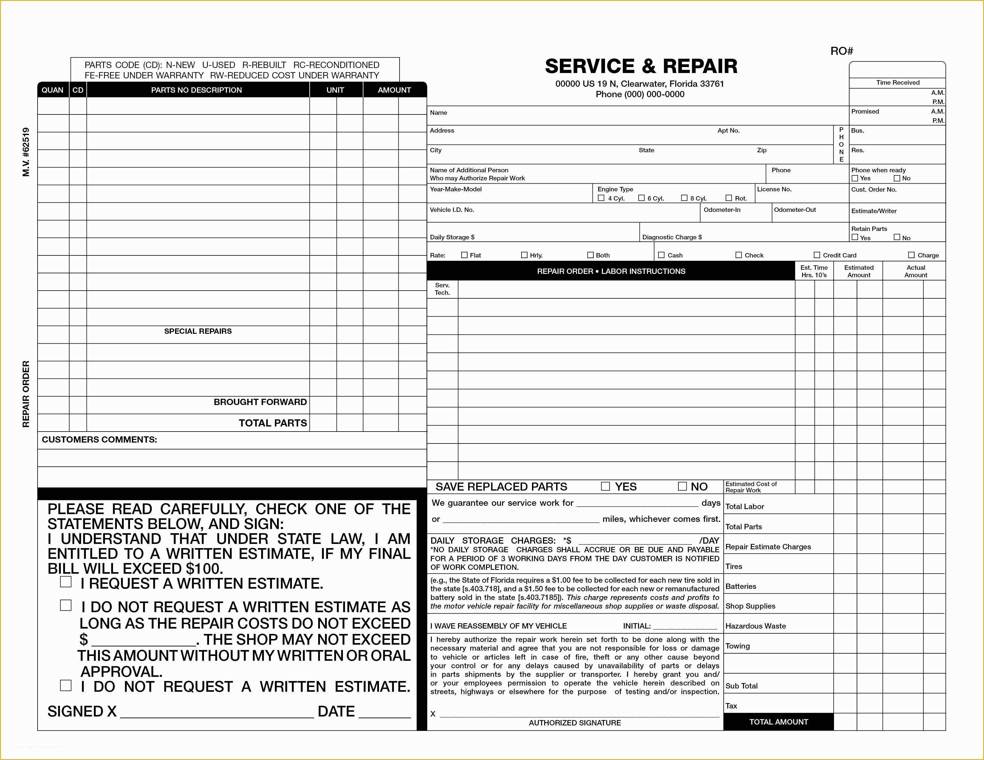 Car Repair Estimate Template Free Of Auto Repair form & Invoice Samples Wilson Printing