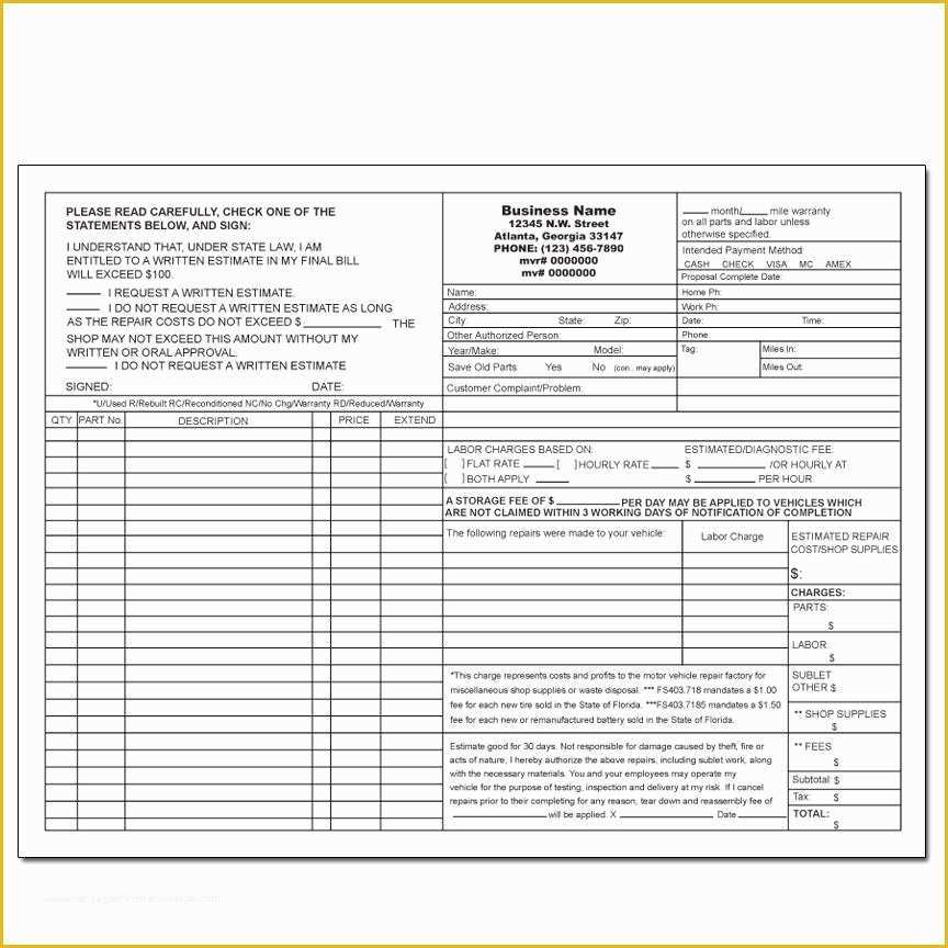 Car Repair Estimate Template Free Of Auto Repair Invoice Work orders Receipt Printing