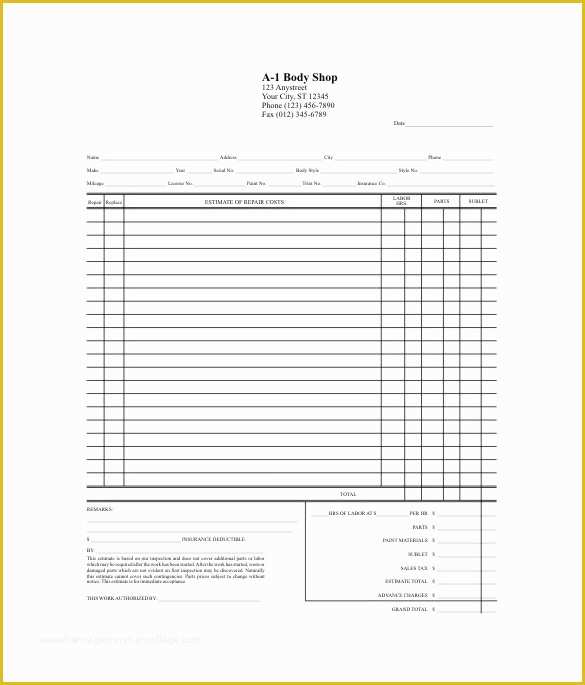 Car Repair Estimate Template Free Of Body Shop Estimate Template Templates Resume Examples