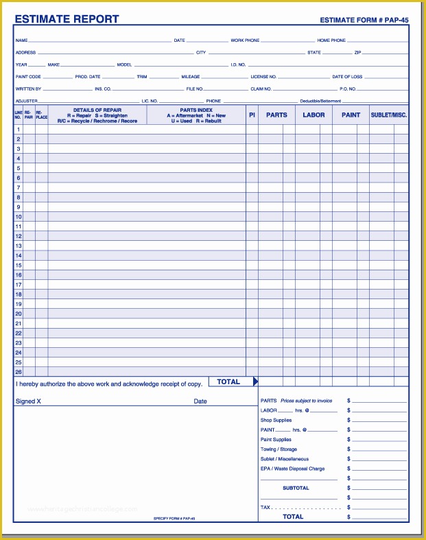 Car Repair Estimate Template Free Of Free Estimate Template