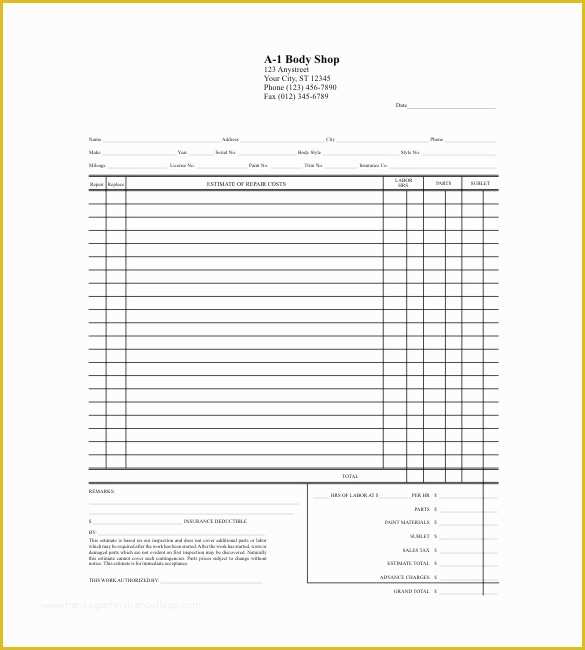 Car Repair Estimate Template Free Of Free Printable Auto Body Repair Estimate forms Cover