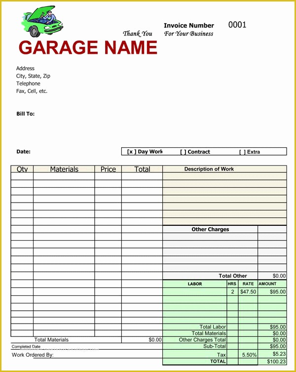 Car Repair Estimate Template Free Of Garage Invoice Template