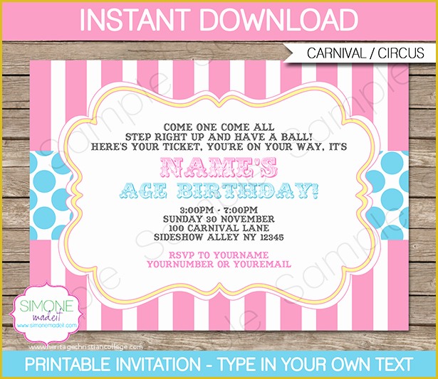 Circus Invitation Template Free Of Carnival Party Invitations Template Pink Aqua