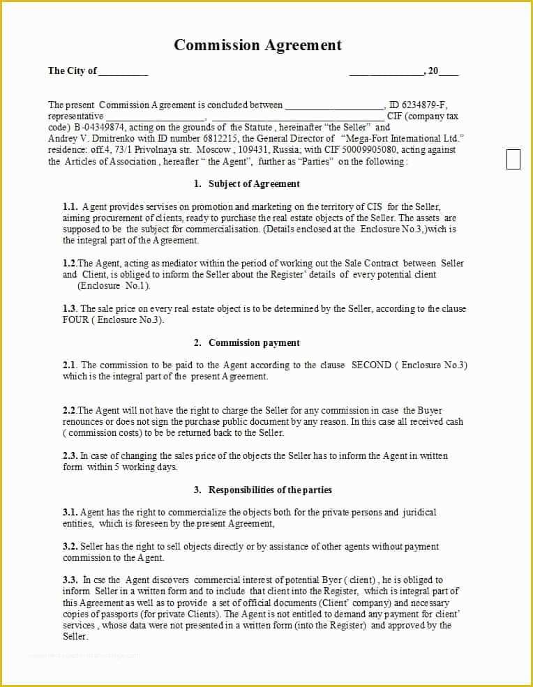 Commission Sales Agreement Template Free Of 36 Free Mission Agreements Sales Real Estate Contractor