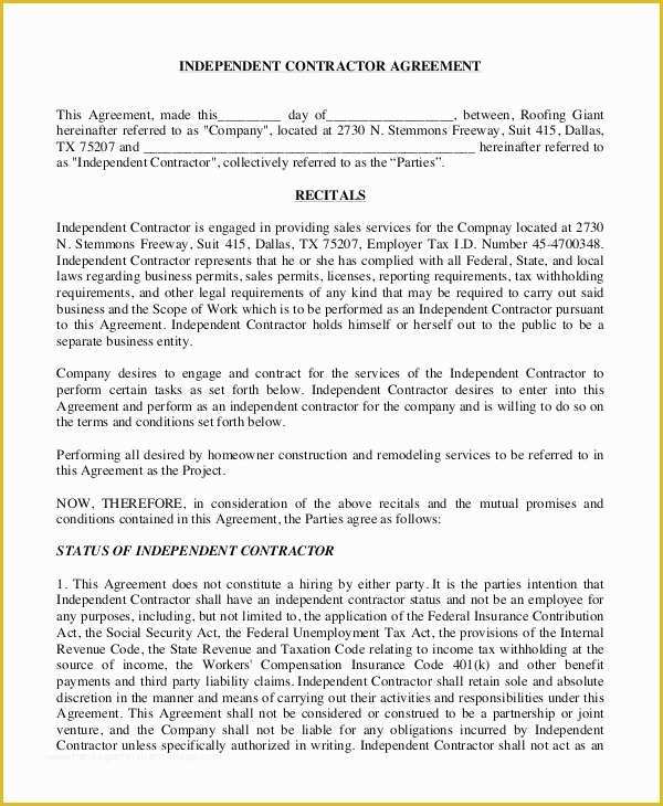 Commission Sales Agreement Template Free Of 8 Sample Independent Contractor Agreements