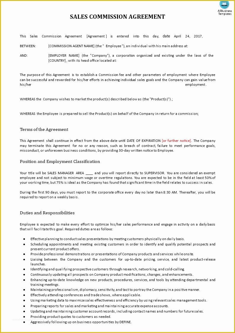 Commission Sales Agreement Template Free Of Sales Mission Contract Example