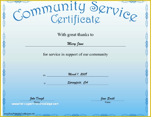 Community Templates Free Download Of A Blue Certificate Recognizing Munity Service Free to
