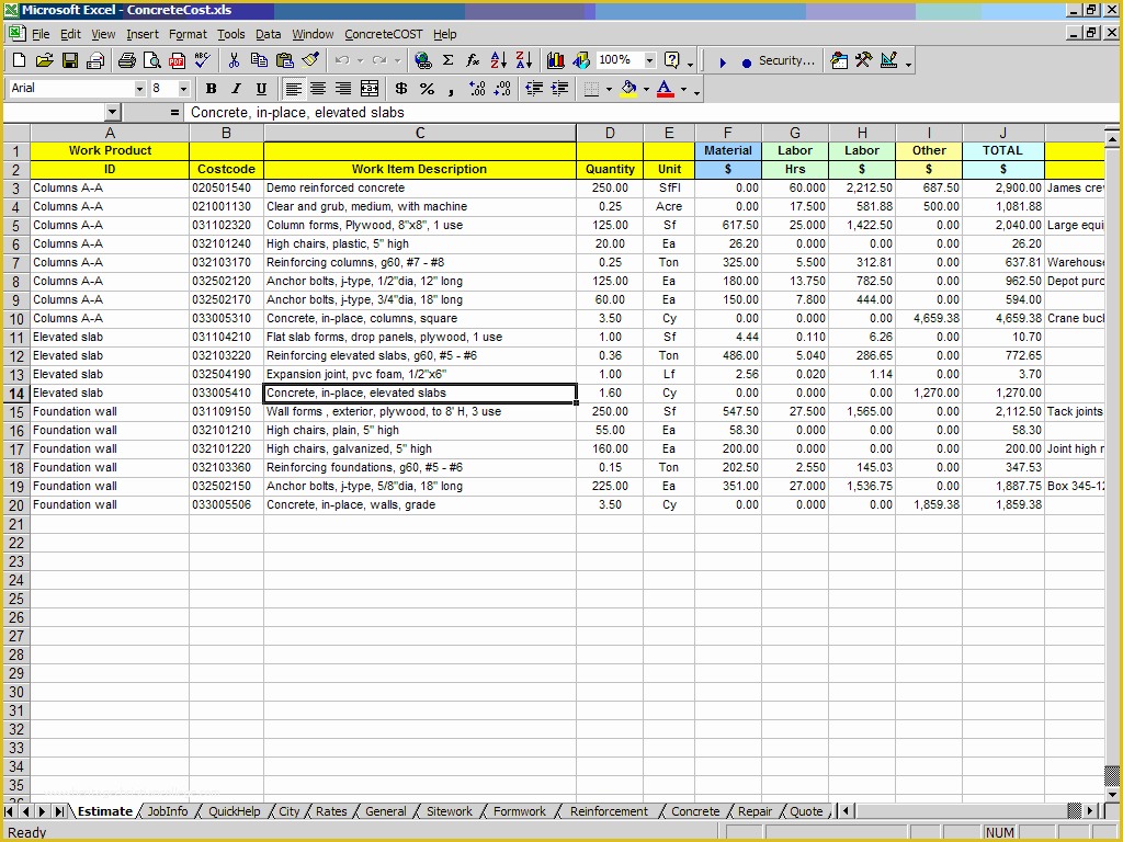 Concrete Estimate Template Free Of Concretecost Estimator for Excel Building Construction