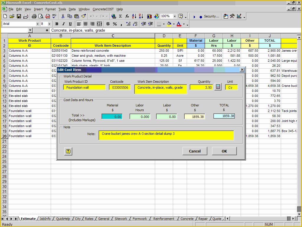 Concrete Estimate Template Free Of Concretecost Estimator for Excelconstruction Fice Line