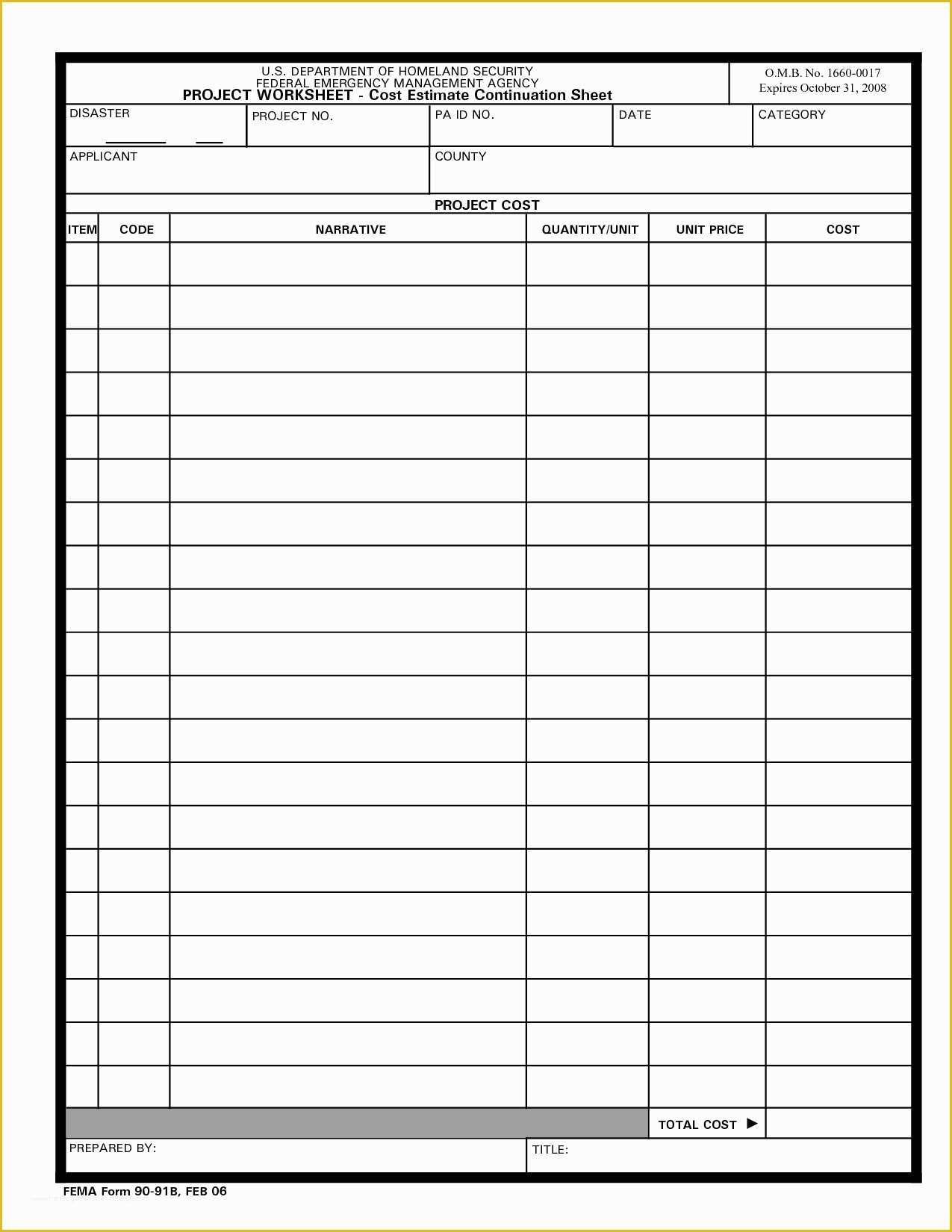 Concrete Estimate Template Free Of Cost Estimate Continuation Sheet