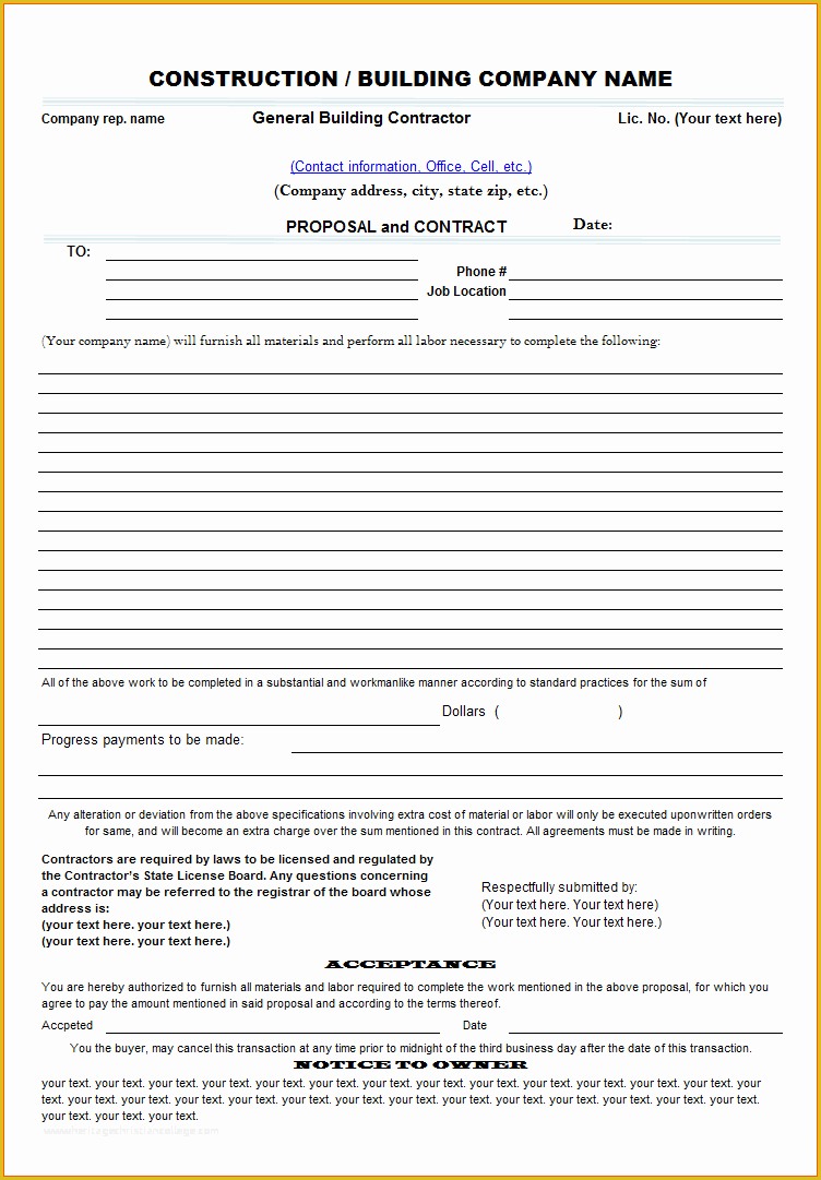 Construction Job Proposal Template Free Of Microsoft Contractor Proposal Template
