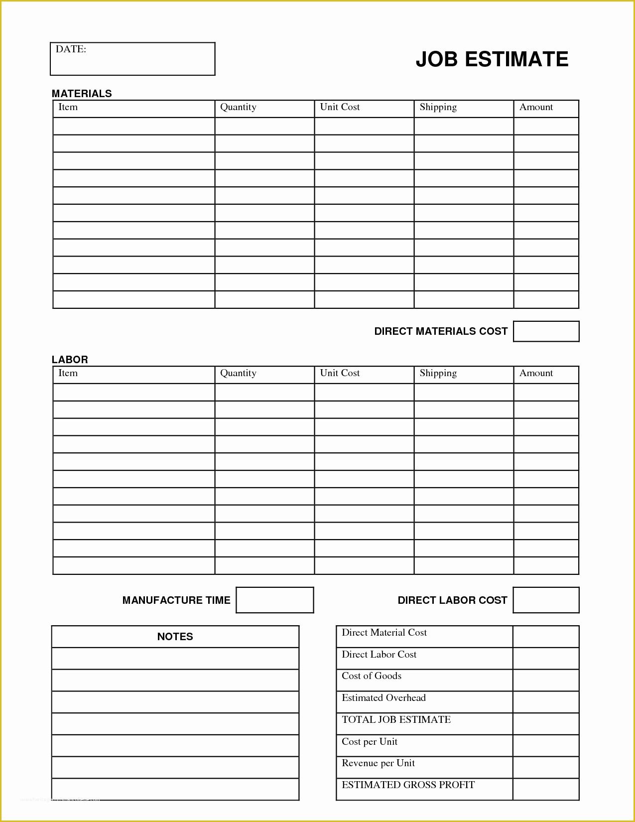 Construction Job Proposal Template Free Of Printable Job Estimate forms