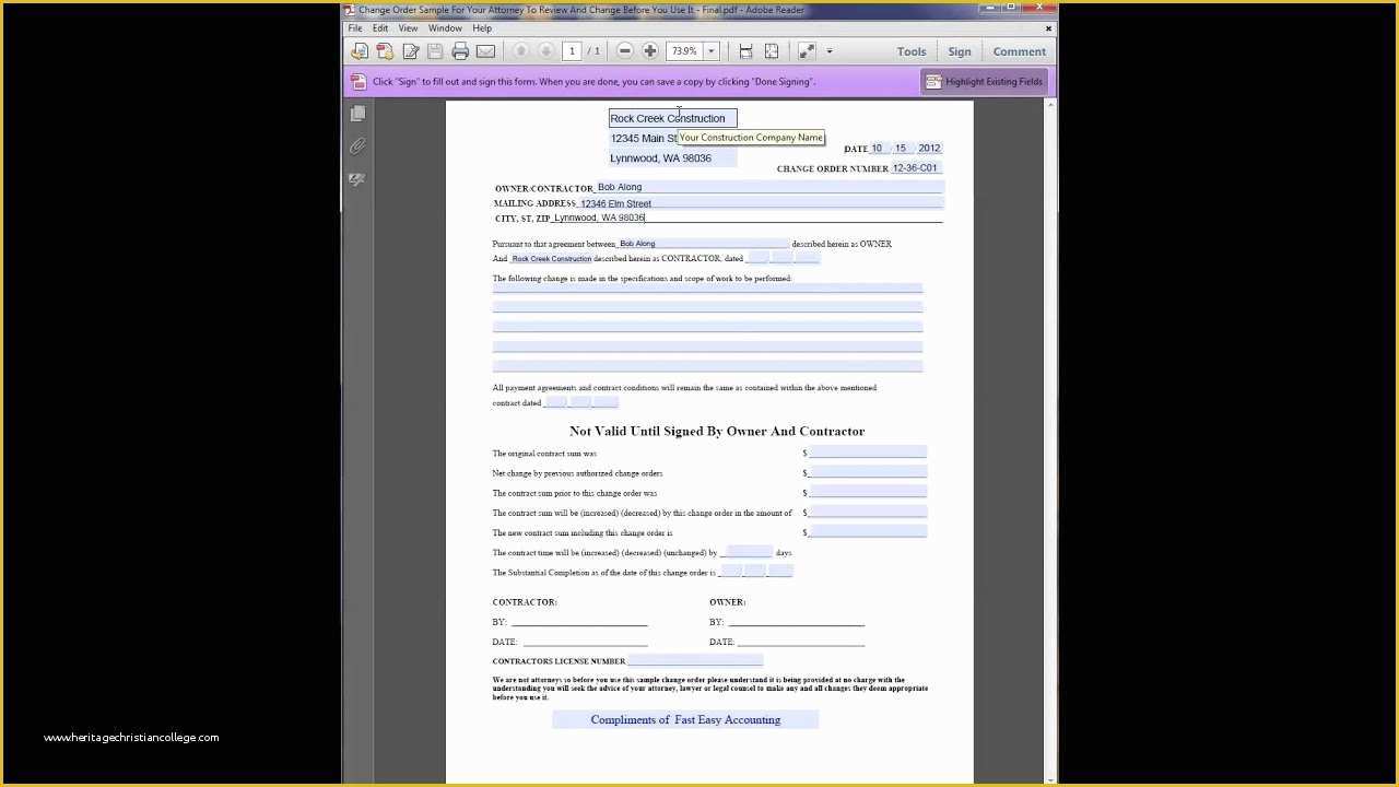 Contractor Change order Template Free Of Free Construction Change order Template From Fast Easy