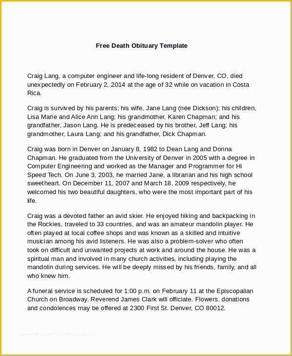 Create Free Obituary Templates Of 7 Death Obituary Templates