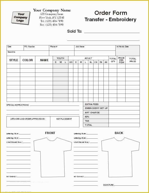 Custom order form Template Free Of Embroidery order form Embroidery
