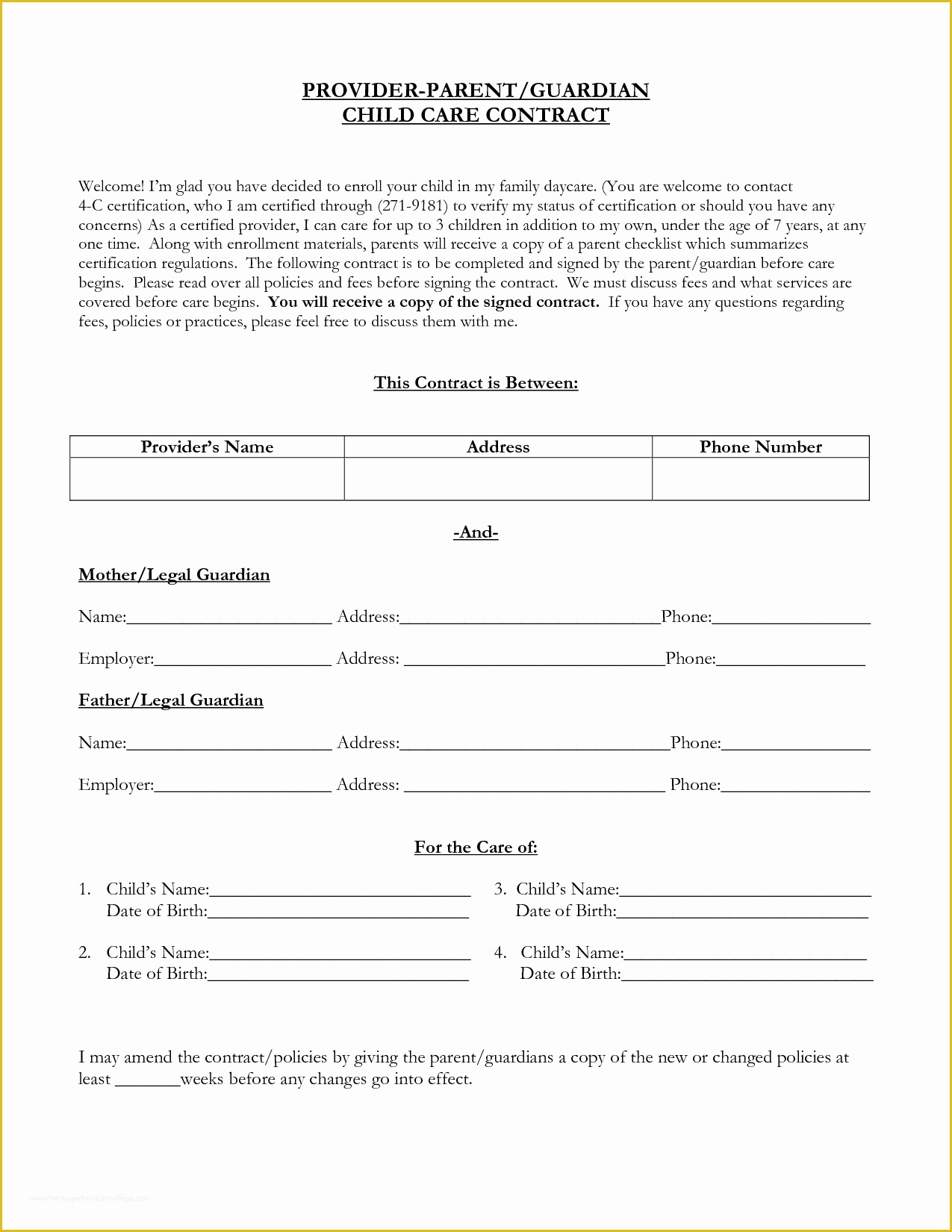 Daycare Contract Templates Free Of 4 Best Of Free Printable Contracts Templates Free