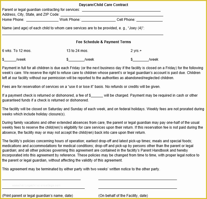 Daycare Contract Templates Free Of Child Care Contract Template
