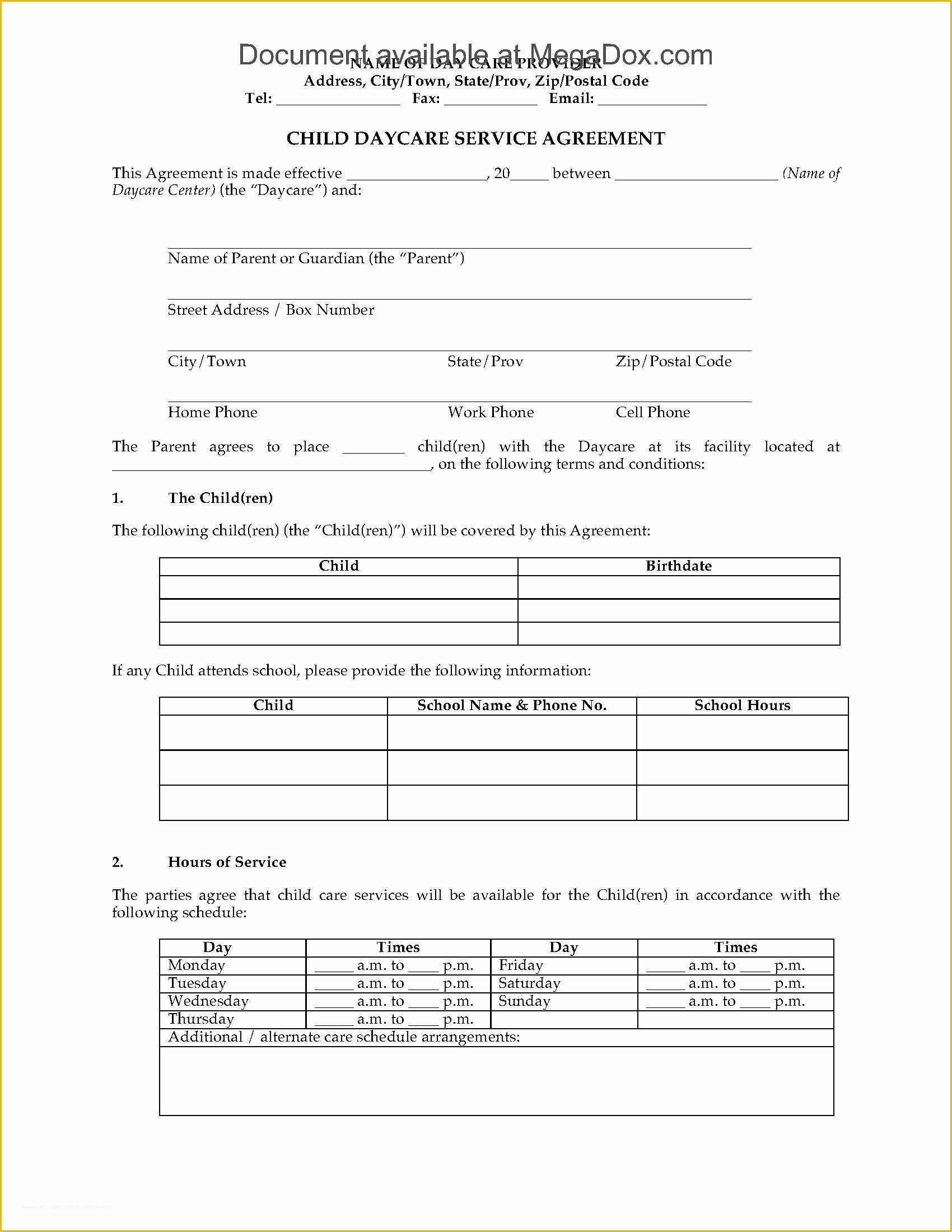 Daycare Contract Templates Free Of Child Daycare Service Agreement