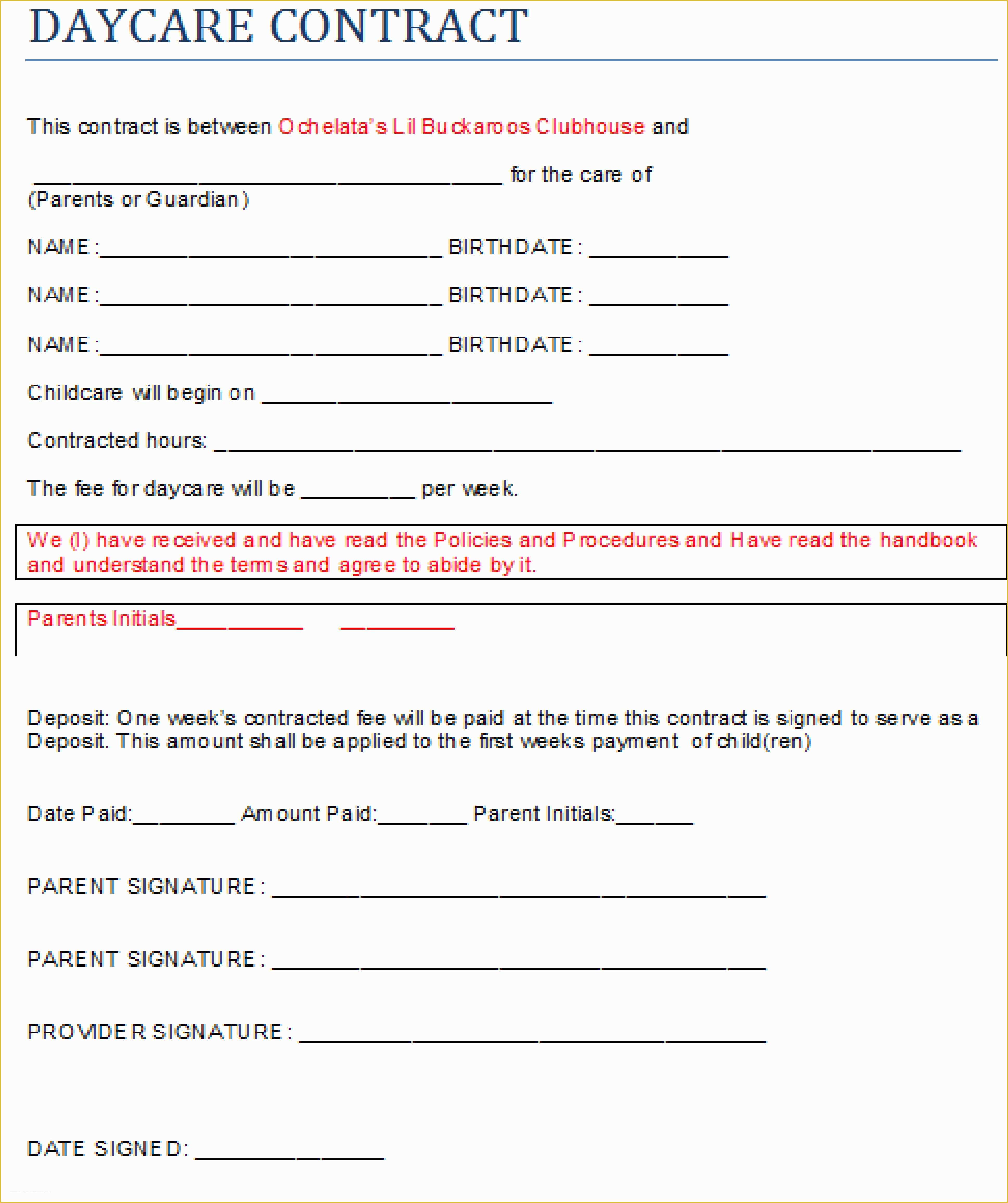 Daycare Contract Templates Free Of Daycare Contract Templates