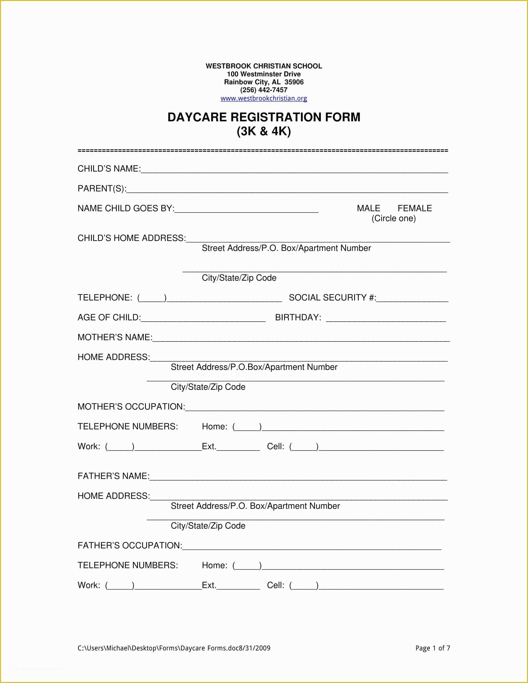Daycare Contract Templates Free Of Daycare Registration form Samples