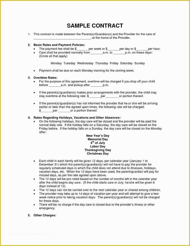 daycare contract templates free