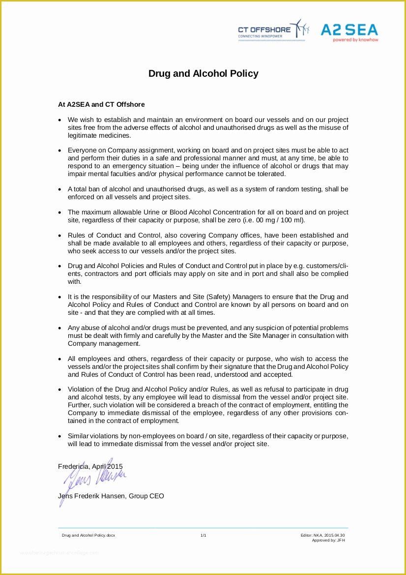 Printable Drug And Alcohol Policy Template