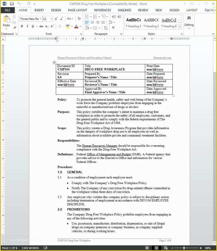 Drug and Alcohol Policy Template Free Of Template Board Resolution Template