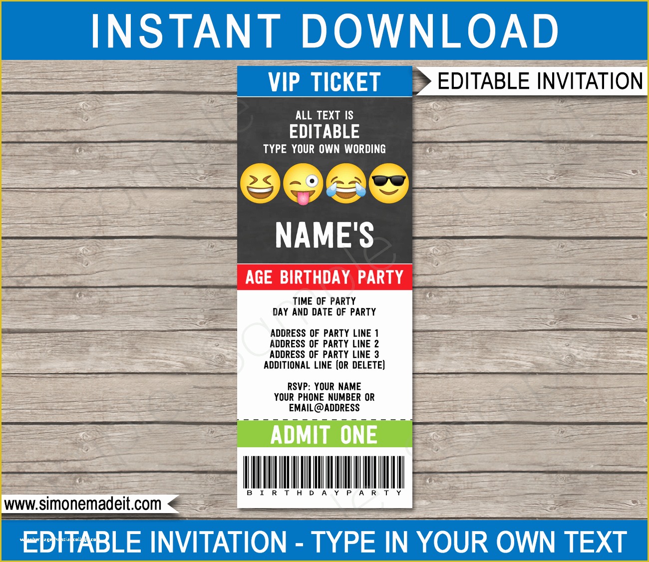Editable Ticket Template Free Of Emoji theme Party Printables Invitations & Decorations