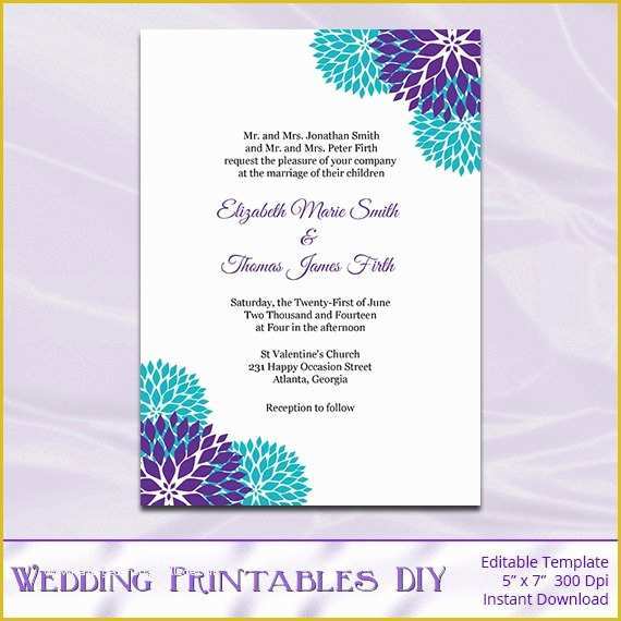 Editable Wedding Invitation Templates Free Download Of Purple Teal Wedding Invitation Template Diy Garden Floral