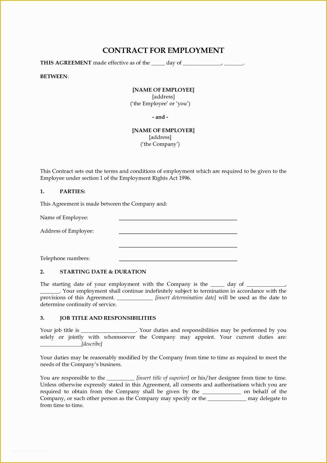 Employment Contract Template Free Of Basic Employment Contract Template Uk Templates Resume